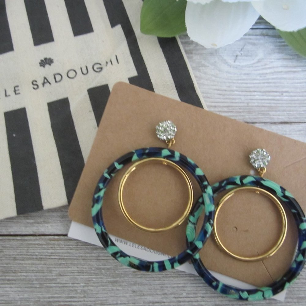 Lele Sadoughi Gold/Blue Acetate Ring with Rhinestones Pierced Earrings - Bag